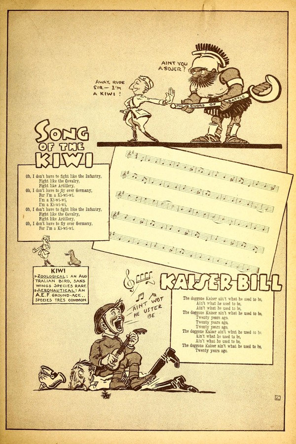 A page from a book showing a Roman soldier asking a man in WWI uniform if he is a 'Sojer.' The man replies, 'Away rude Sir-I am a Kiwi.'