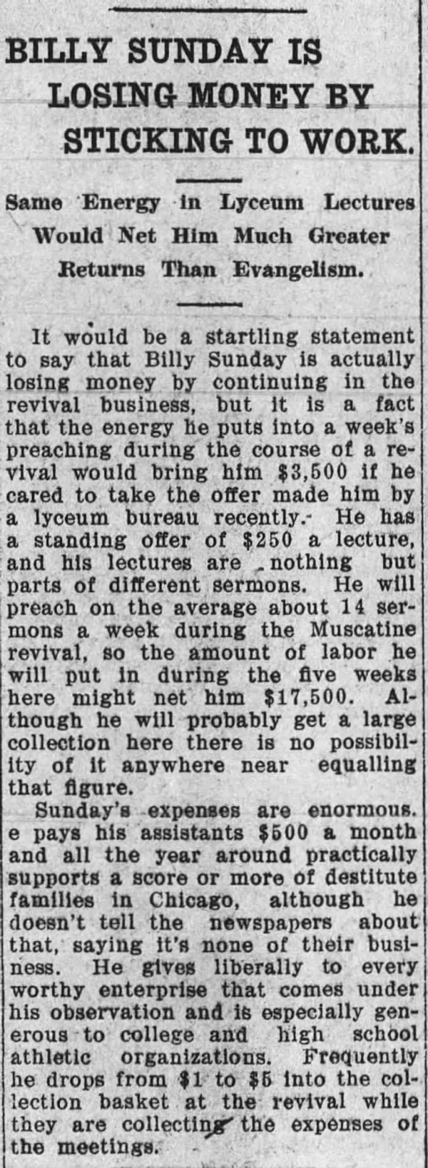 Newspaper article titled Billy Sunday Is Losing Money by Sticking to Work