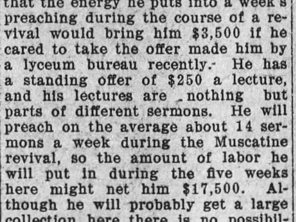 Newspaper article titled Billy Sunday Is Losing Money by Sticking to Work