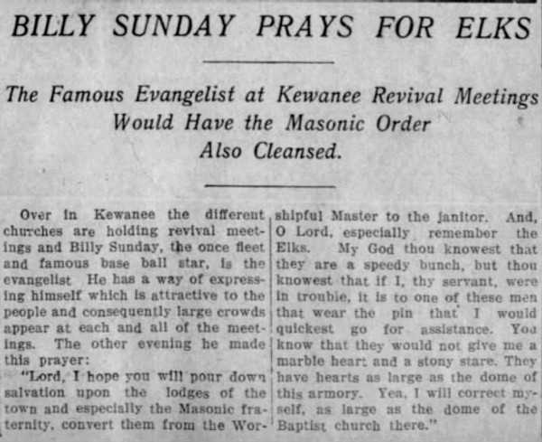 Newspaper article titled Billy Sunday Prays for Elks