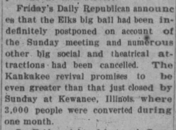 Newspaper article titled The Elks Ball Has Been Indefinitely Postponed on Account of the Sunday Meeting