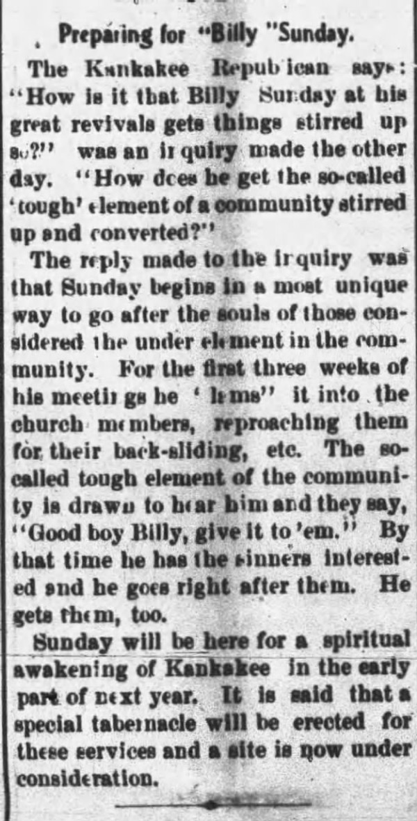 Newspaper article titled Preparing for Billy Sunday