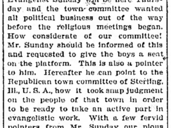 Newspaper article titled On Account of Mr. Sunday