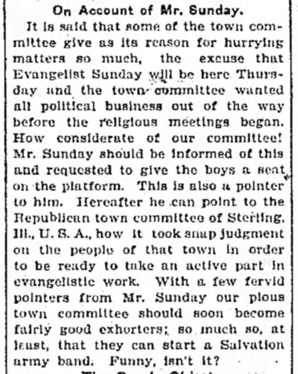 Newspaper article titled On Account of Mr. Sunday