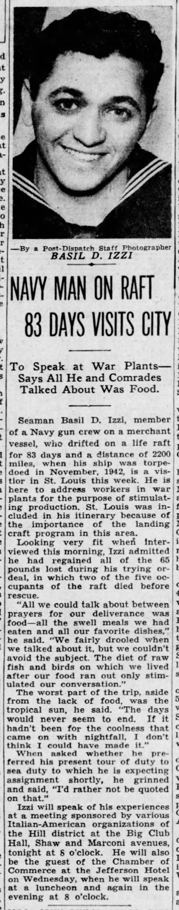 Newspaper Article titled: Navy Man on Raft 83 Days Visits City.