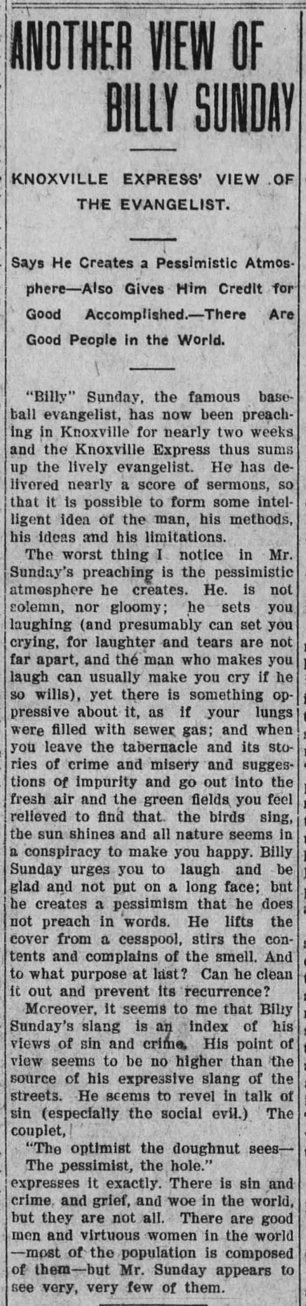 Newspaper article titled Another View of Billy Sunday