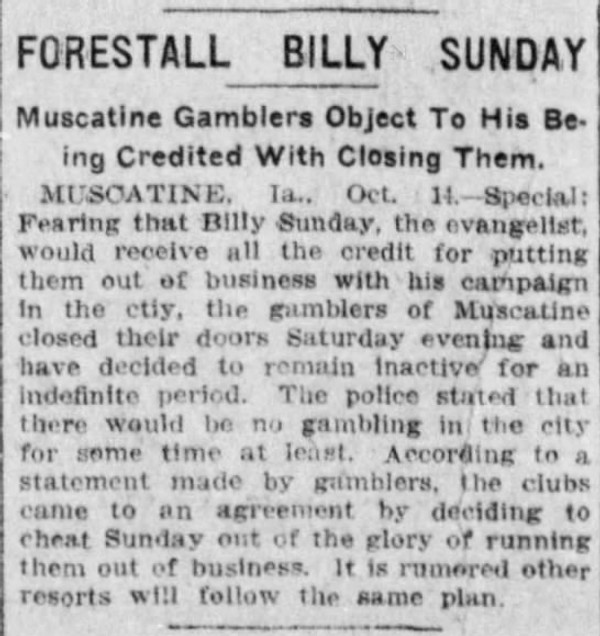 Newspaper article titled Forestall Billy Sunday