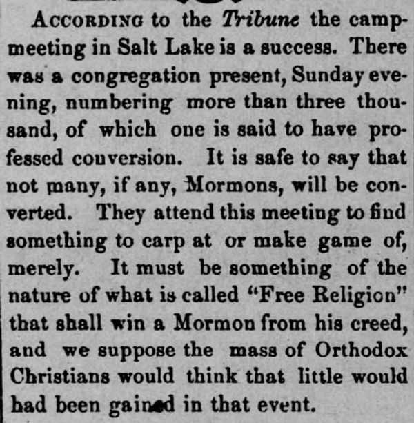 Newspaper article titled According to the Tribune the Camp-meeting in Salt Lake is a Success