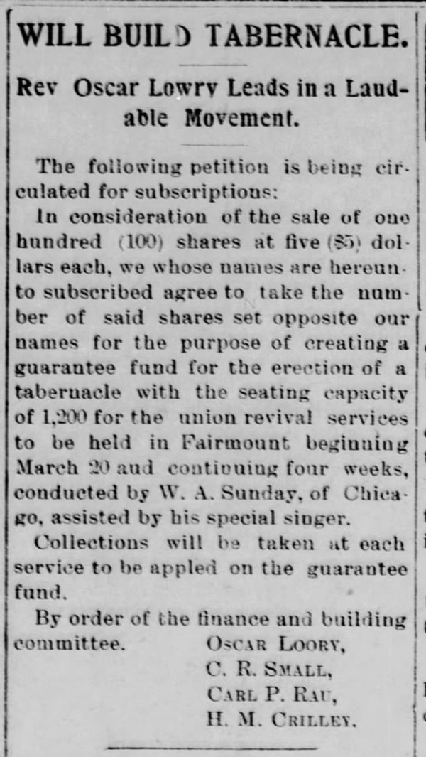 Newspaper article titled Will Build Tabernacle