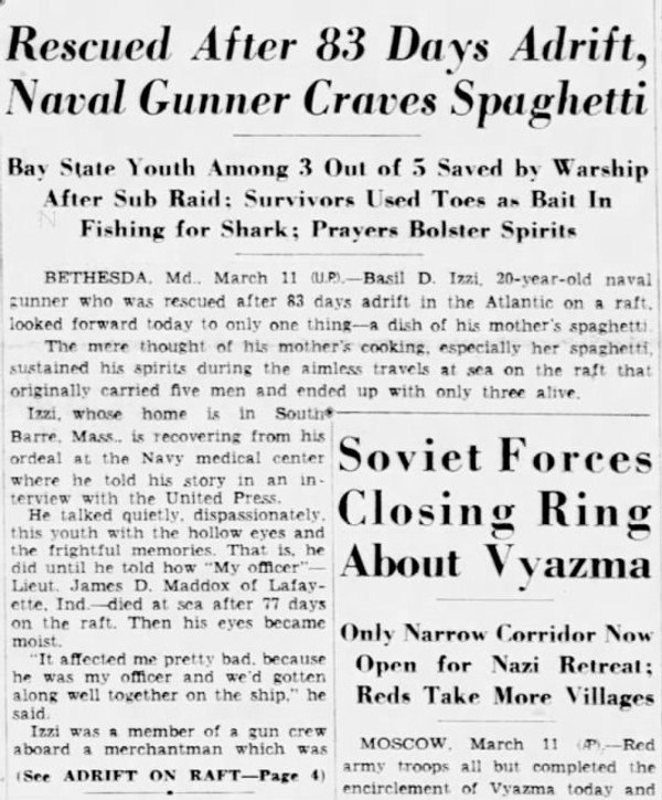 Newspaper Article titled: Rescued After 83 Days Adrift, Naval Gunner Craves Spaghetti