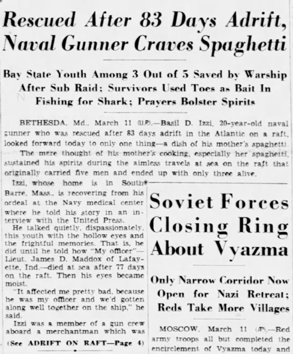 Newspaper Article titled: Rescued After 83 Days Adrift, Naval Gunner Craves Spaghetti