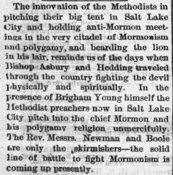 Newspaper article titled The Innovation of the Methodists in Pitching Their Big Tent in Salt Lake City