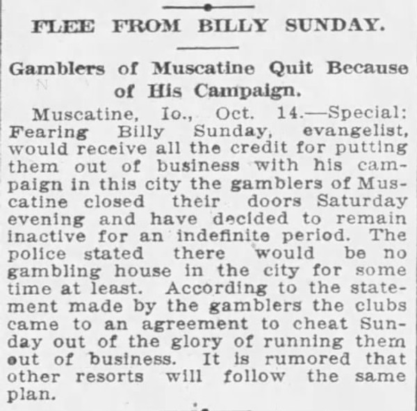 Newspaper article titled Flee from Billy Sunday