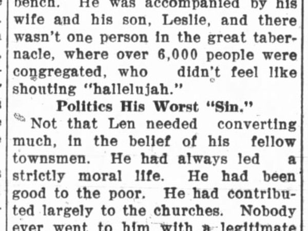 Newspaper article titled Len Small is Sunday Convert