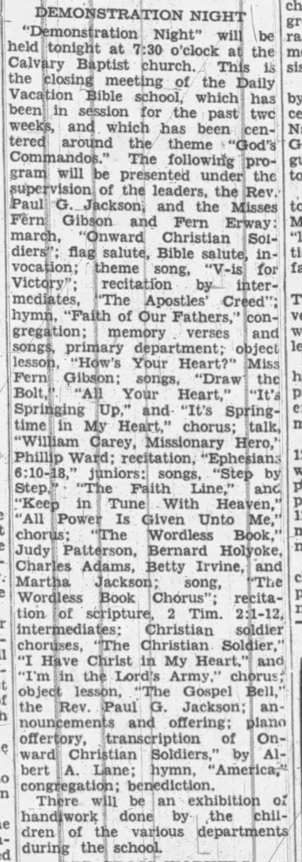 Newspaper clipping titled Demonstration Night