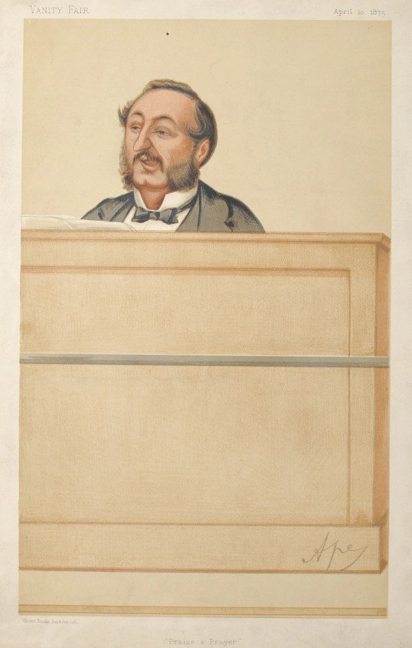 A drawing of Ira Sankey sitting behind his organ.