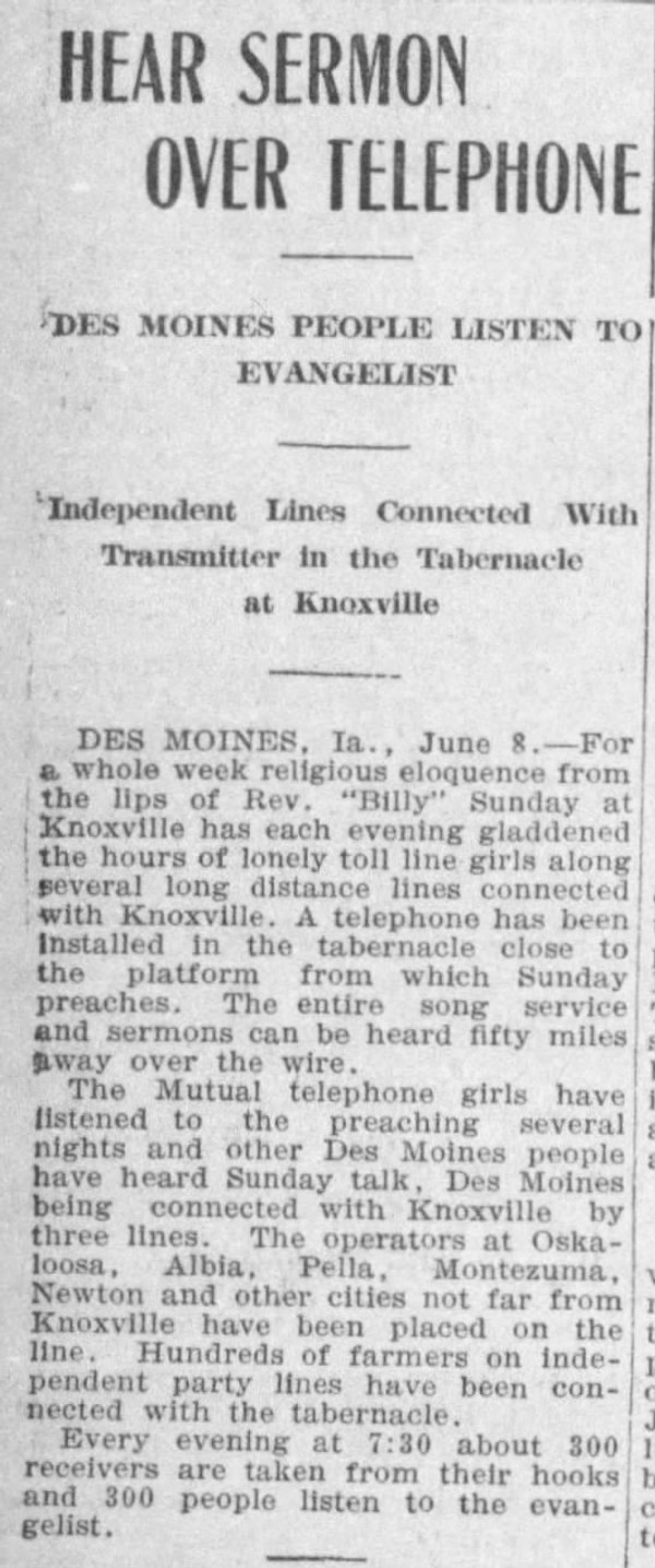 Newspaper article titled Hear Sermon Over Telephone