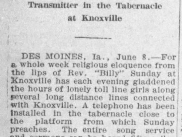 Newspaper article titled Hear Sermon Over Telephone