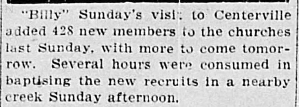 Newspaper article titled Billy Sunday's Visit to Centerville