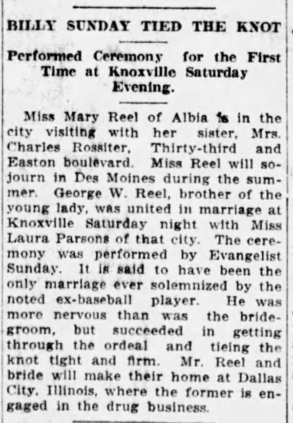 Newspaper article titled Billy Sunday Tied the Knot