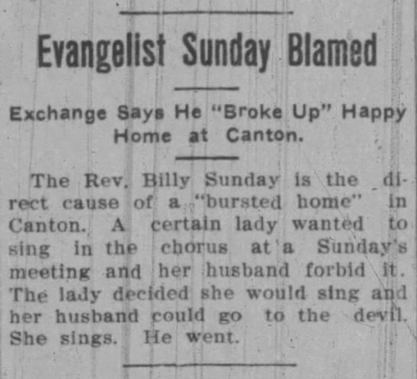 Newspaper article titled Evangelist Sunday Blamed