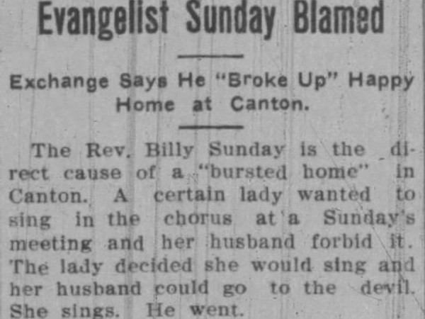 Newspaper article titled Evangelist Sunday Blamed