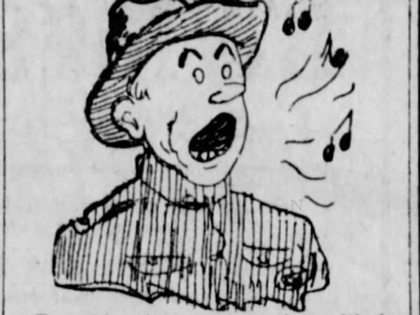 Newspaper article titled I'm a Kiwi. There is a comical illustration of a man in soldiers' uniform with his mouth open and music notes coming out if it.