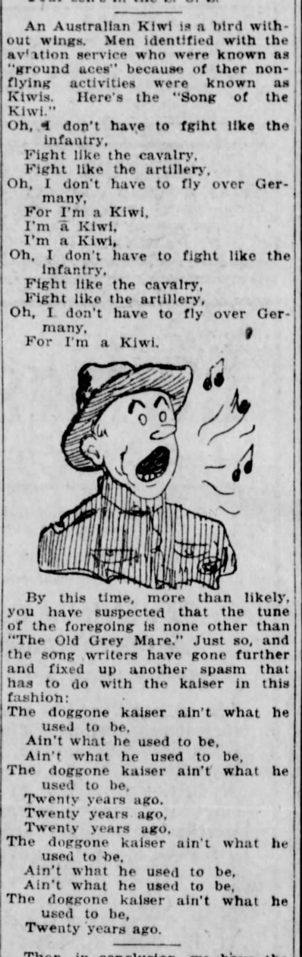 Newspaper article titled I'm a Kiwi. There is a comical illustration of a man in soldiers' uniform with his mouth open and music notes coming out if it.