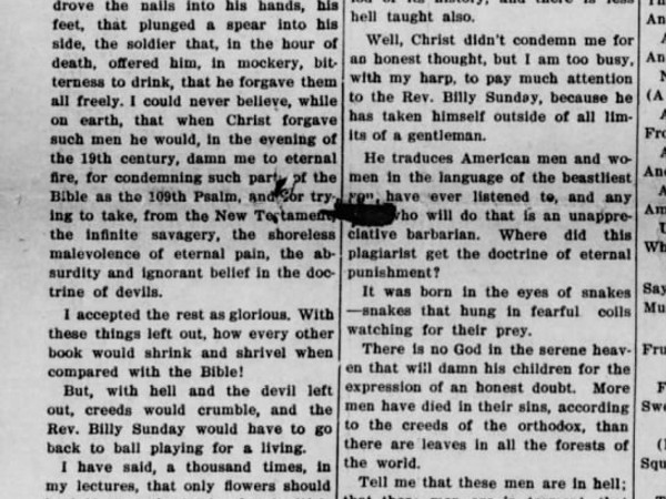 Newspaper article titled Bob Ingersoll in Heaven