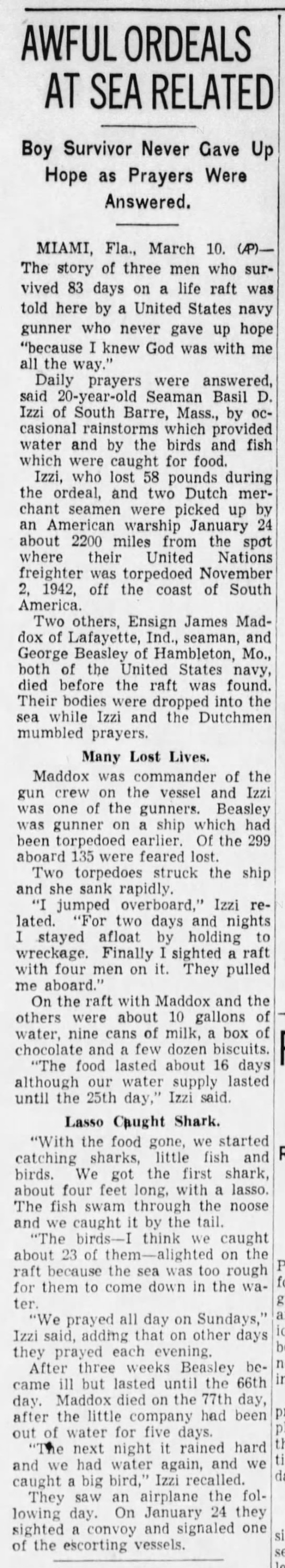 Newspaper Article with title: Awful Ordeals at Sea Related.