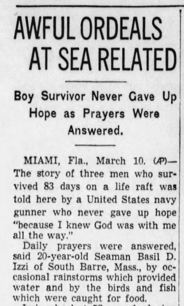 Newspaper Article with title: Awful Ordeals at Sea Related.