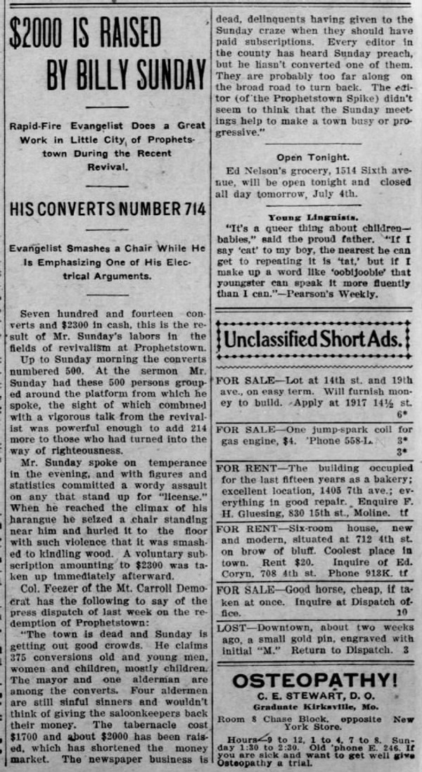 Newspaper article titled $200 Is Raised by Billy Sunday