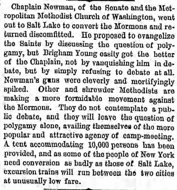 Newspaper article titled Chaplain Newman of the Senate went out to Salt Lake to Convert It