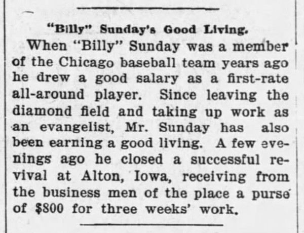 Newspaper article titled "Billy" Sunday's Good Living