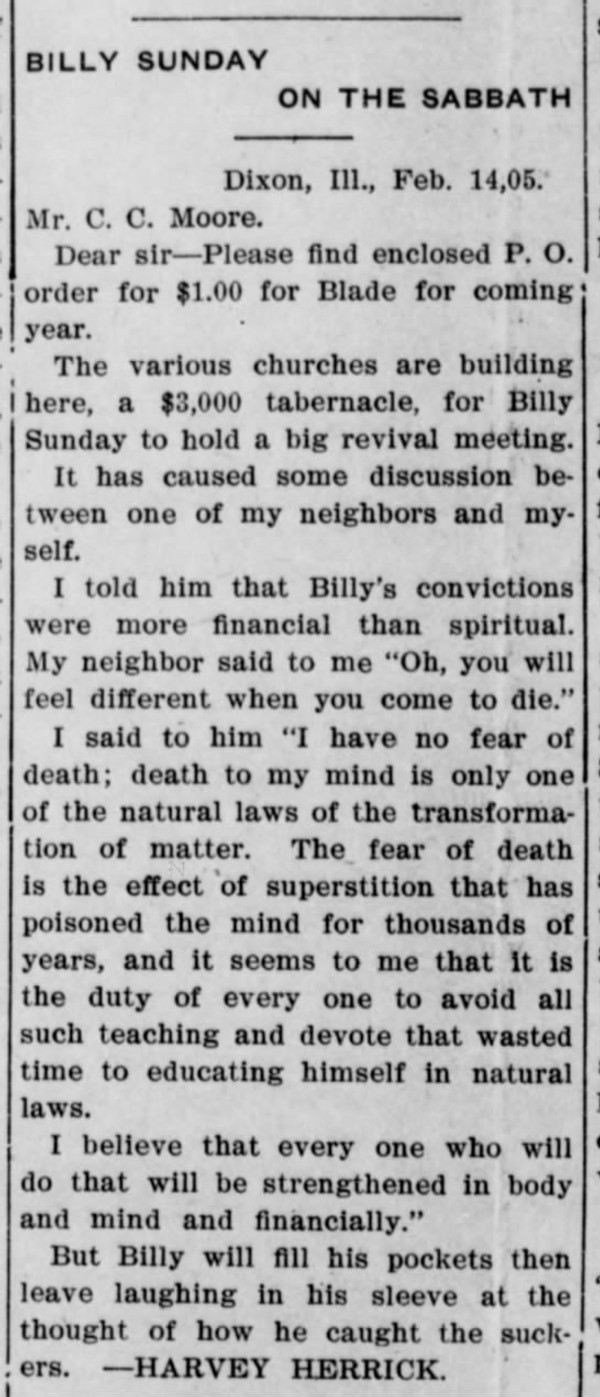 Newspaper article titled Billy Sunday on the Sabbath