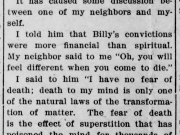 Newspaper article titled Billy Sunday on the Sabbath