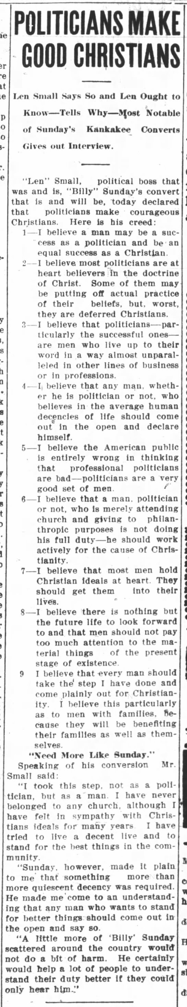 Newspaper article titled Politicians Make Good Christians