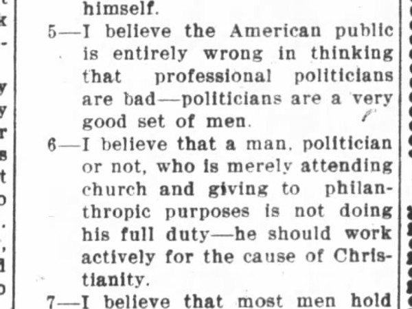 Newspaper article titled Politicians Make Good Christians