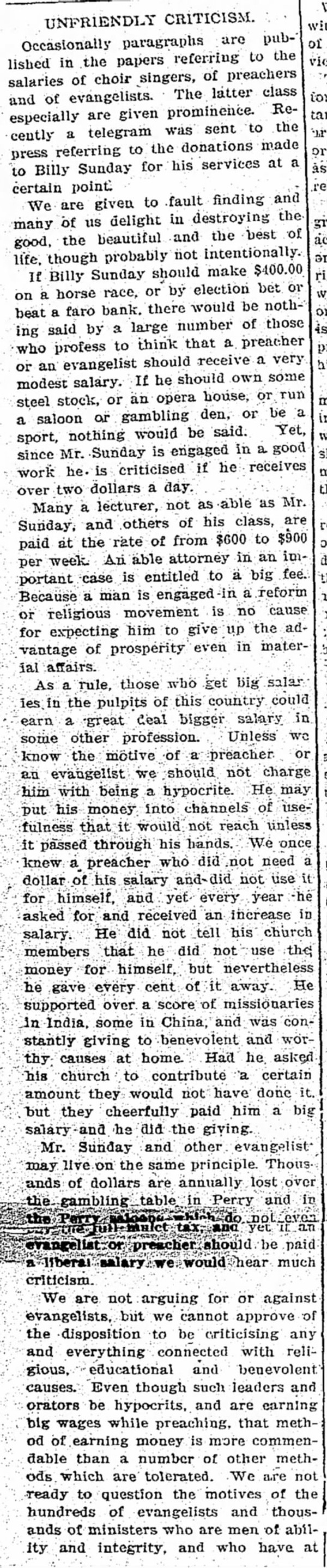 Newspaper article titled Unfriendly Criticism