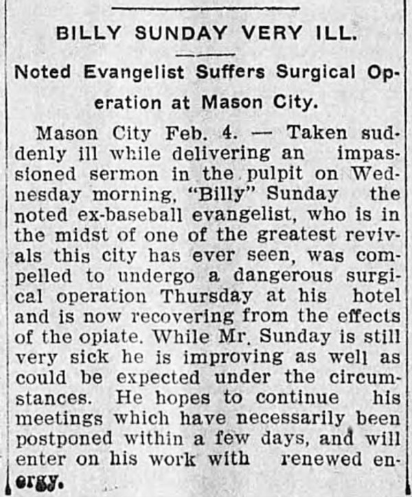 Newspaper article titled Billy Sunday Very Ill