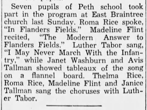 Newspaper article titled Seven pupils of Perth school took part in the program at East Braintree church