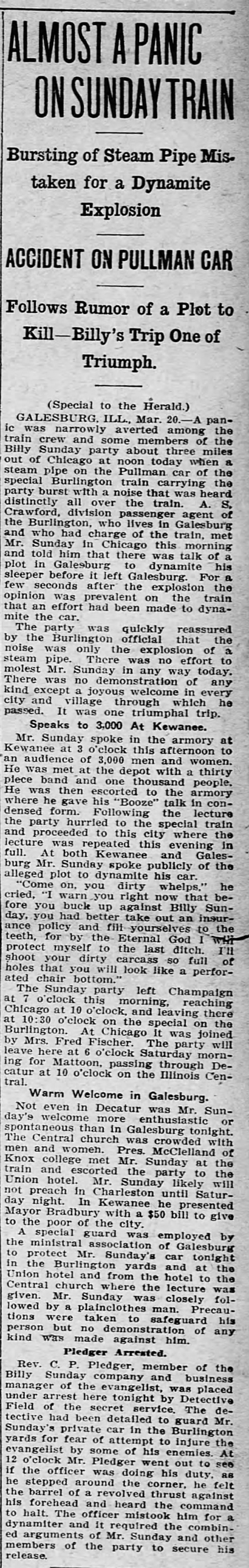 Newspaper article titled Almost A Panic on Sunday Train