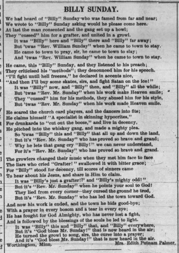 Newspaper article titled We Had Heard of Billy Sunday