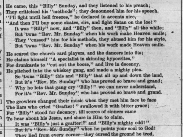 Newspaper article titled We Had Heard of Billy Sunday