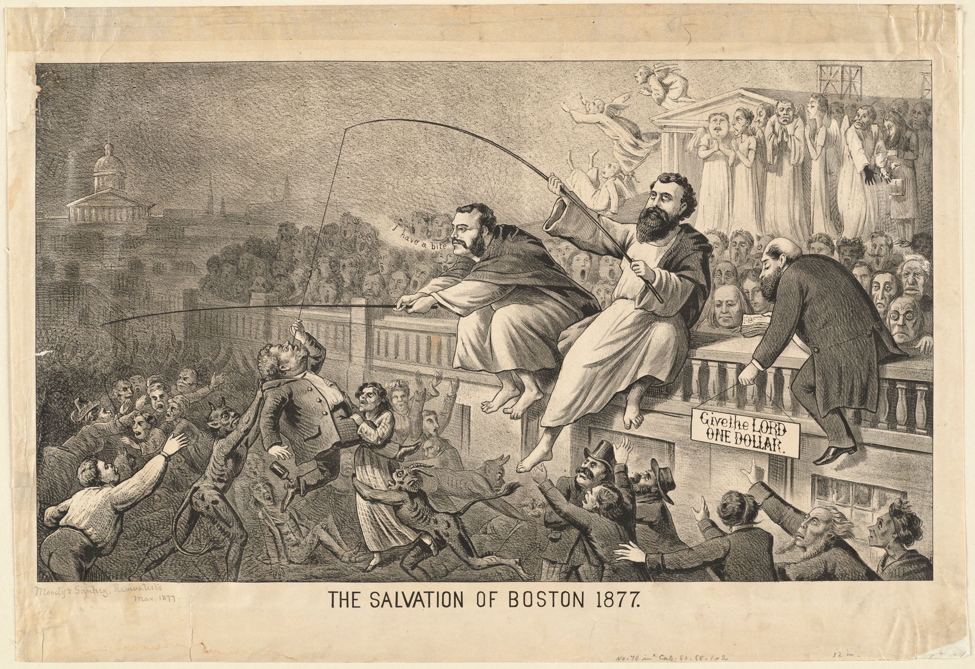 A caricature of Dwight Moody and Ira Sankey dressed in Bible robes and using fishing poles to catch people below them.