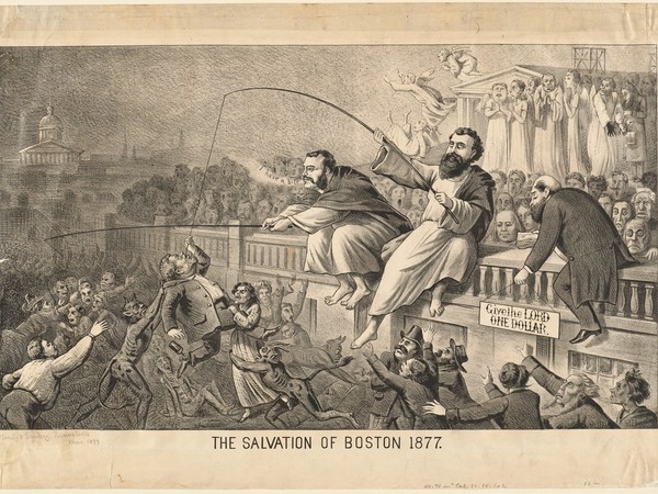 A caricature of Dwight Moody and Ira Sankey dressed in Bible robes and using fishing poles to catch people below them.