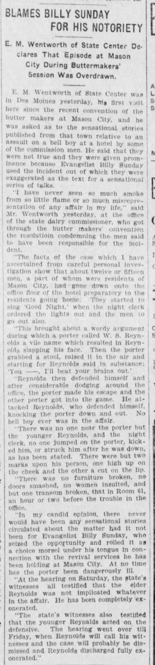 Newspaper article titled Blames Billy Sunday for His Notoriety