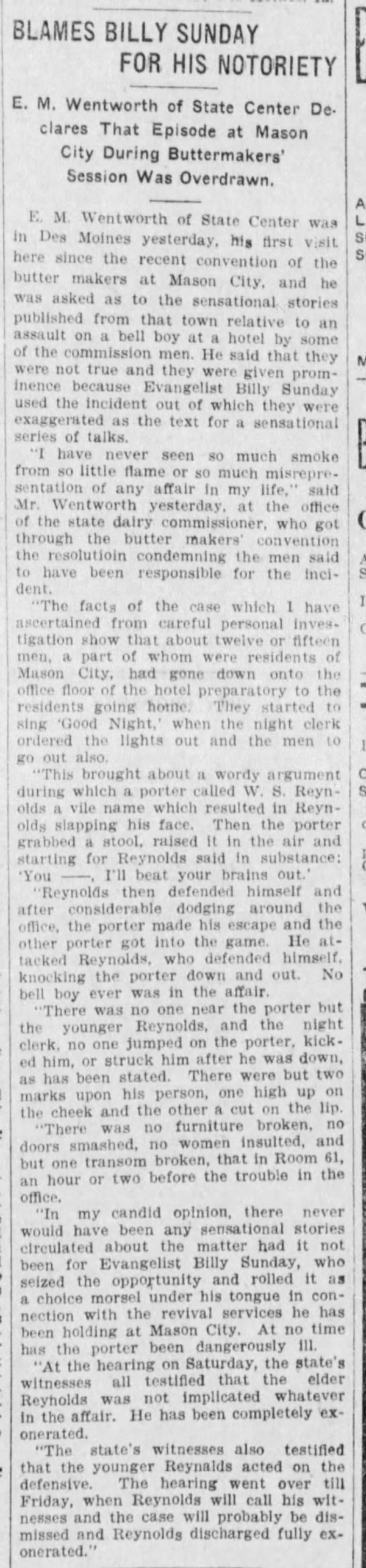 Newspaper article titled Blames Billy Sunday for His Notoriety
