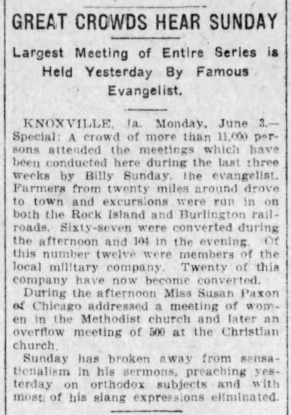 Newspaper article titled Great Crowds Hear Sunday