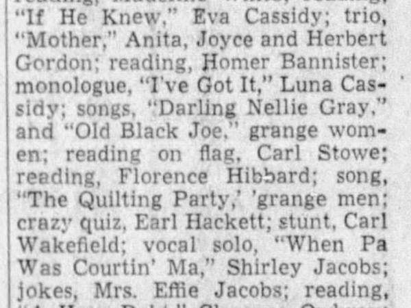 Newspaper article titled Snowsville grange met last Wednesday
